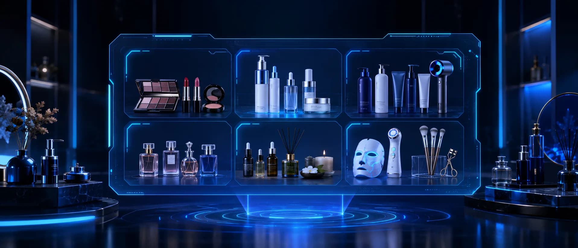 Beauty products arranged on a bright display